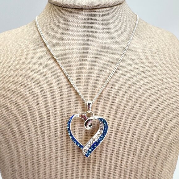 VTG Sterling Silver 925 Blue & White CZ Heart Pendant Necklace Size 20" Length - Picture 2 of 12
